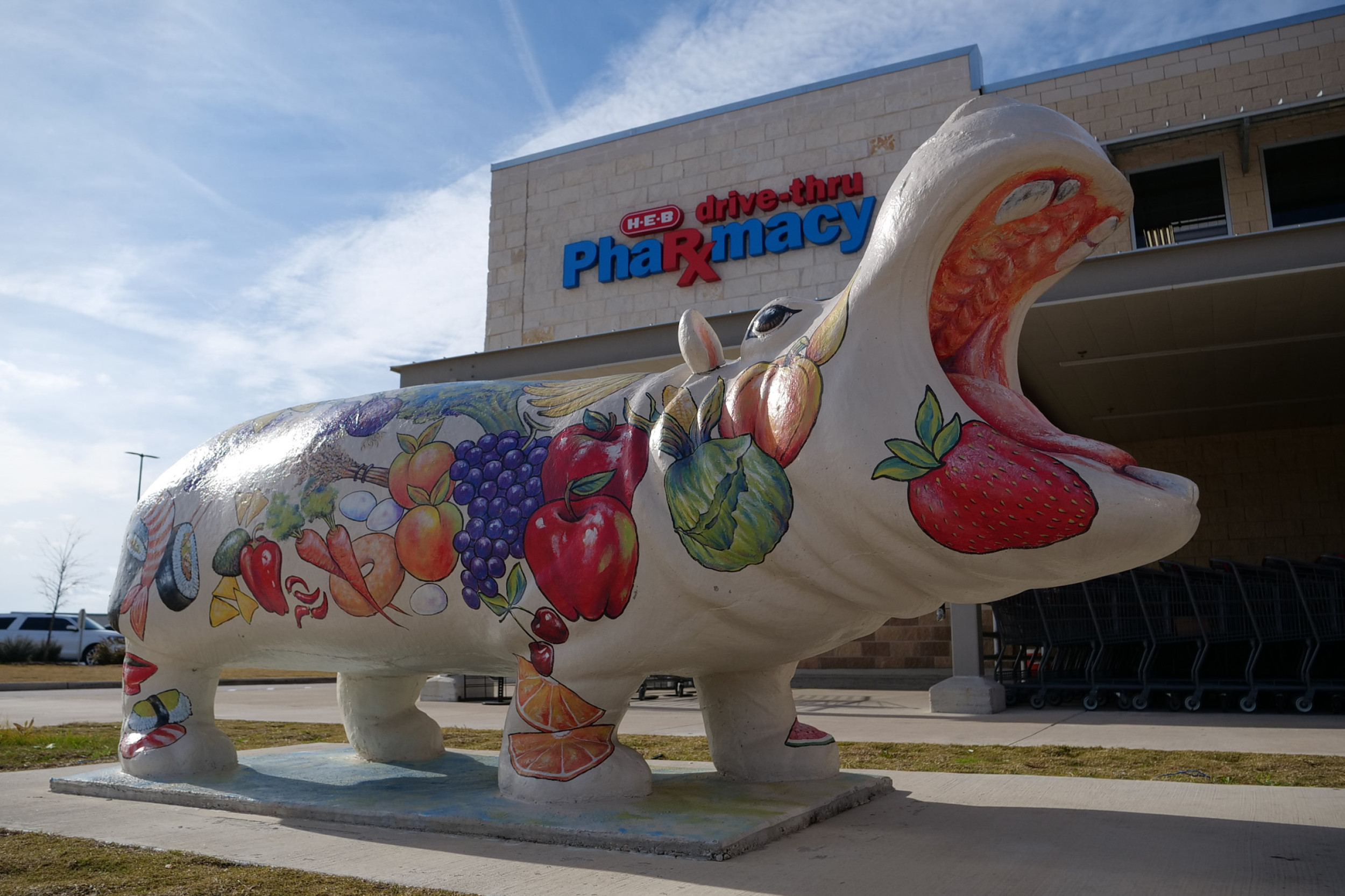 Photo of concrete hippo outside HEB with food items painted on it